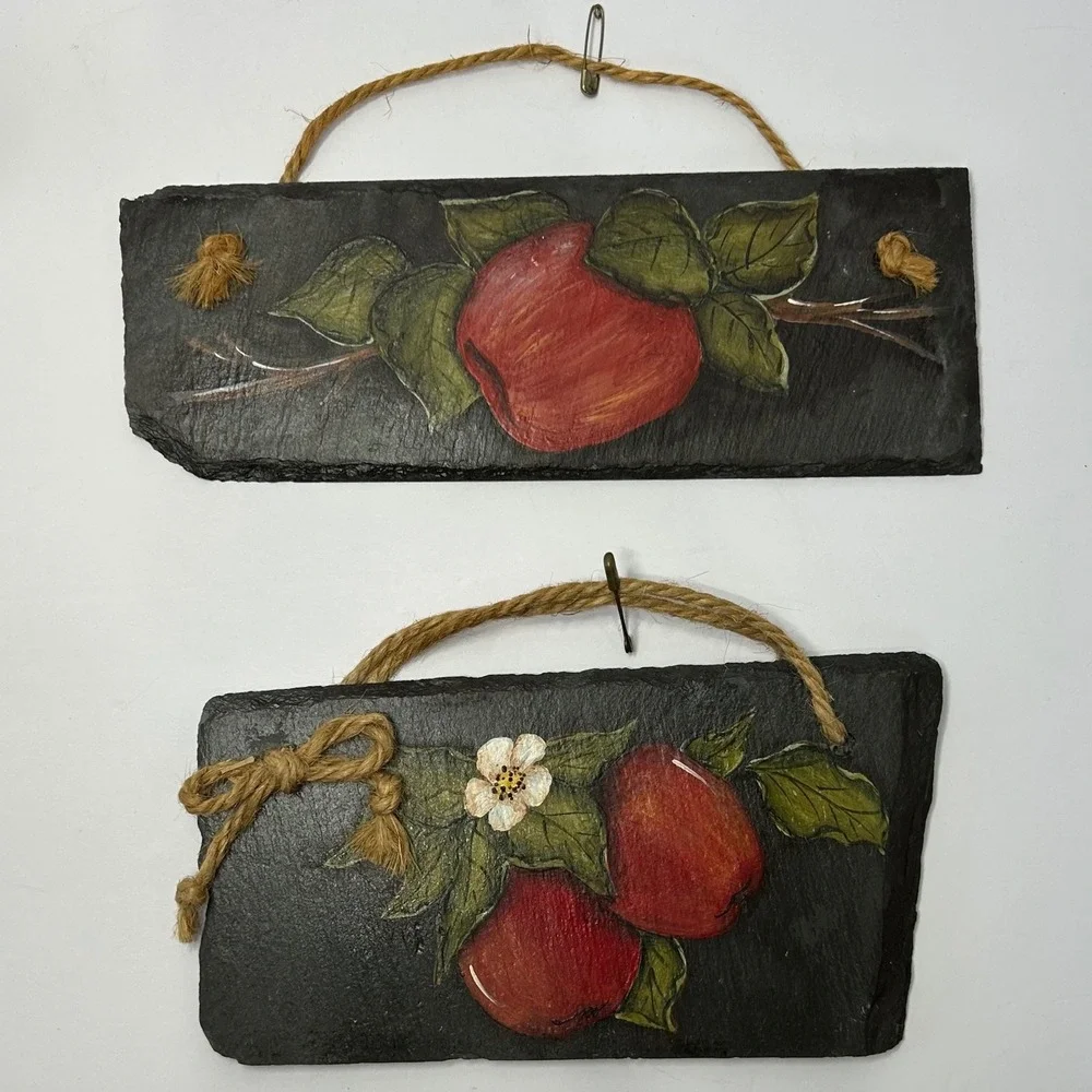 Hand Painted Slate Apple Wall Hanging Decor Set of‎ 2 Home Decor Cute Art